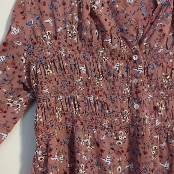 Suzanne Betro High Low Floral Mauve Dusty Rose Tunic Smocked Mini Dress Medium - Picture 5 of 7